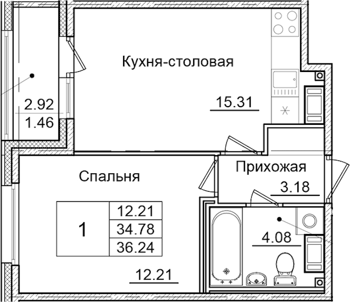 1-комнатная квартира 36.24 м², 7/9 эт., ЖК «Квартал Заречье»